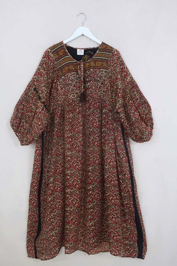 Daisy Maxi Smock Dress - Scarlet & Sage Vines - Vintage Indian Cotton - Size XXL