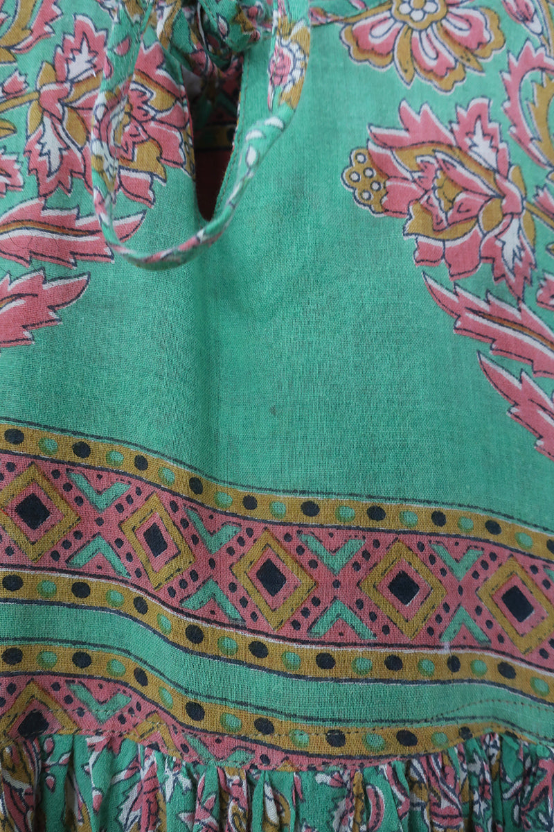 Daisy Maxi Smock Dress - Faded Jade & Blush Wildflower - Vintage Indian Cotton - Size M/L