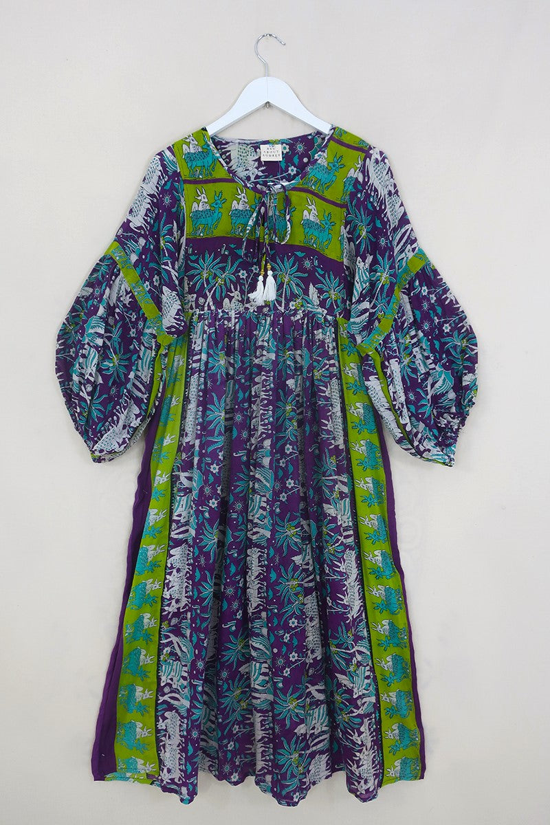 Daisy Maxi Smock Dress - Dewberry Purple Wildlife - Vintage Indian Cotton - Size S/M