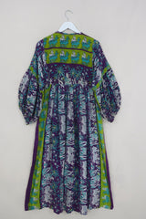 Daisy Maxi Smock Dress - Dewberry Purple Wildlife - Vintage Indian Cotton - Size S/M