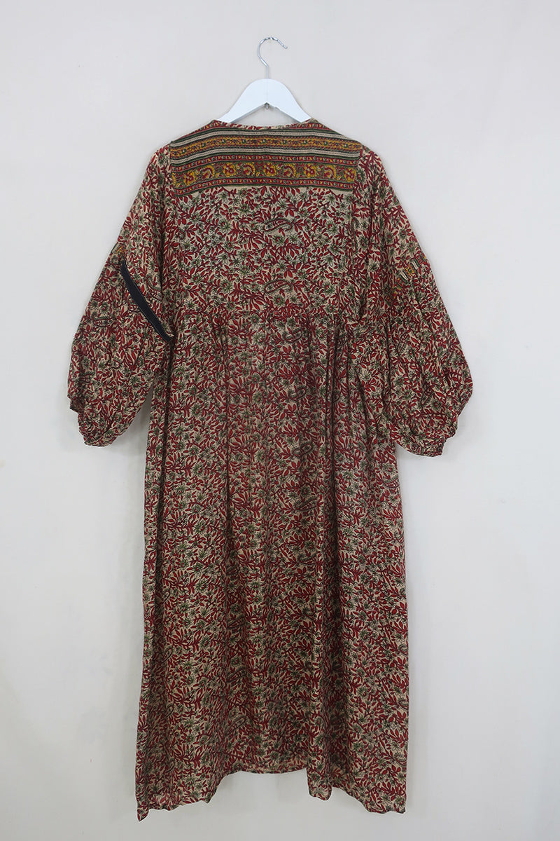 Daisy Maxi Smock Dress - Scarlet & Sage Vines - Vintage Indian Cotton - Size XXL