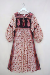 Daisy Maxi Smock Dress - Nutmeg White & Plum Paisley - Vintage Indian Cotton - Size XS