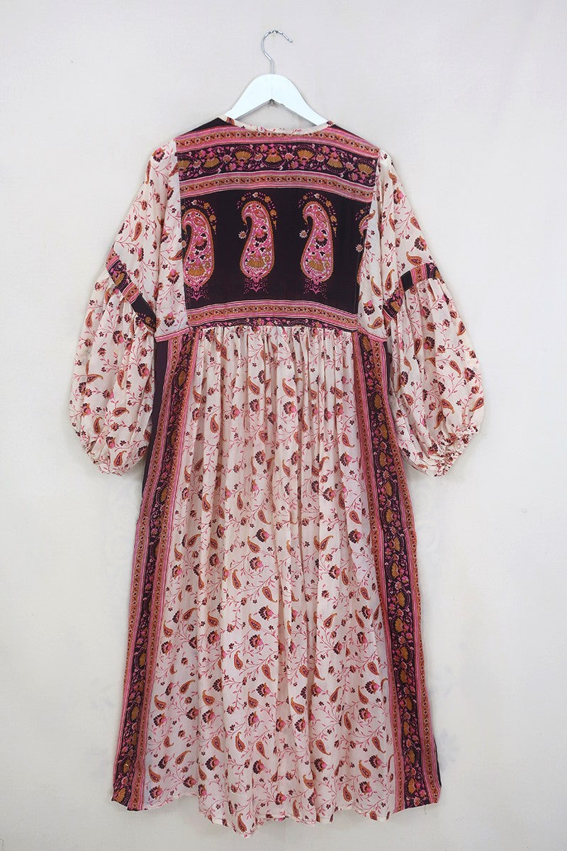 Daisy Maxi Smock Dress - Nutmeg White & Plum Paisley - Vintage Indian Cotton - Size XS