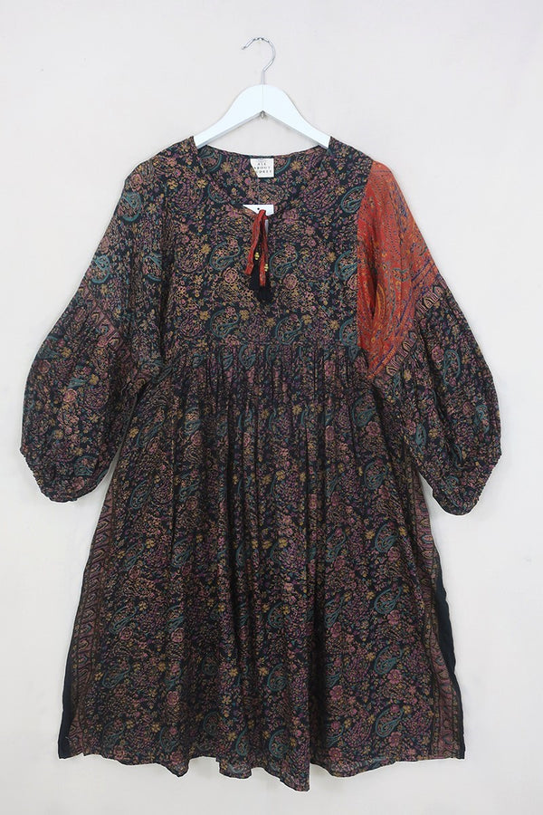 Daisy Midi Smock Dress - Onyx Black & Gilded Paisley - Vintage Indian Cotton - Size L/XL