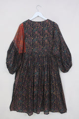 Daisy Midi Smock Dress - Onyx Black & Gilded Paisley - Vintage Indian Cotton - Size L/XL by All About Audrey