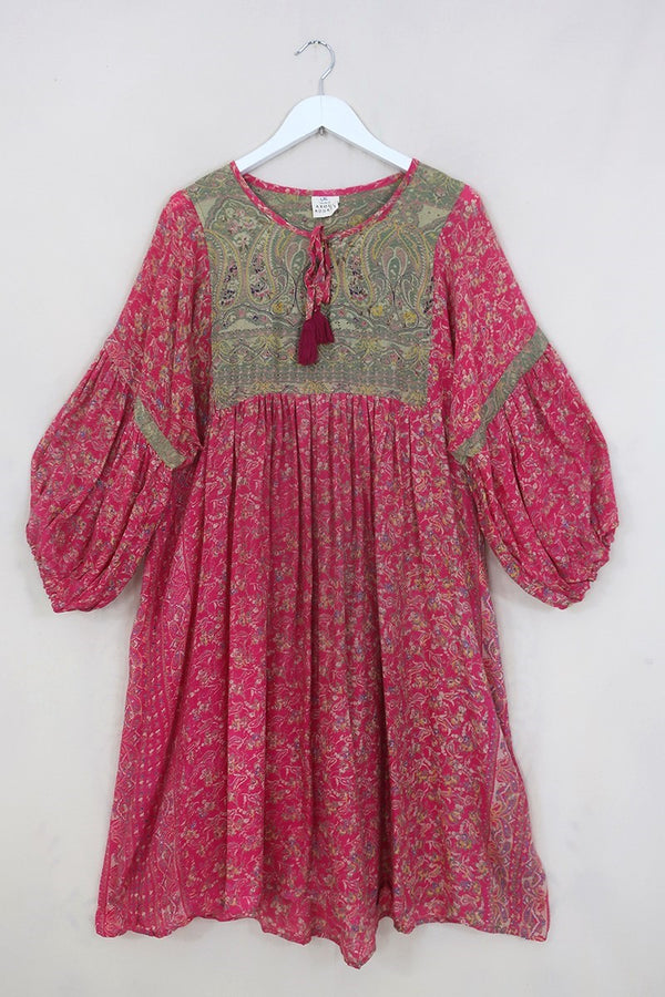 Daisy Midi Smock Dress - Princess & The Pea Green - Vintage Indian Cotton - Size L/XL