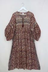 Daisy Maxi Smock Dress - Brick Red & Sandalwood Block Print - Vintage Indian Cotton - Size M/L