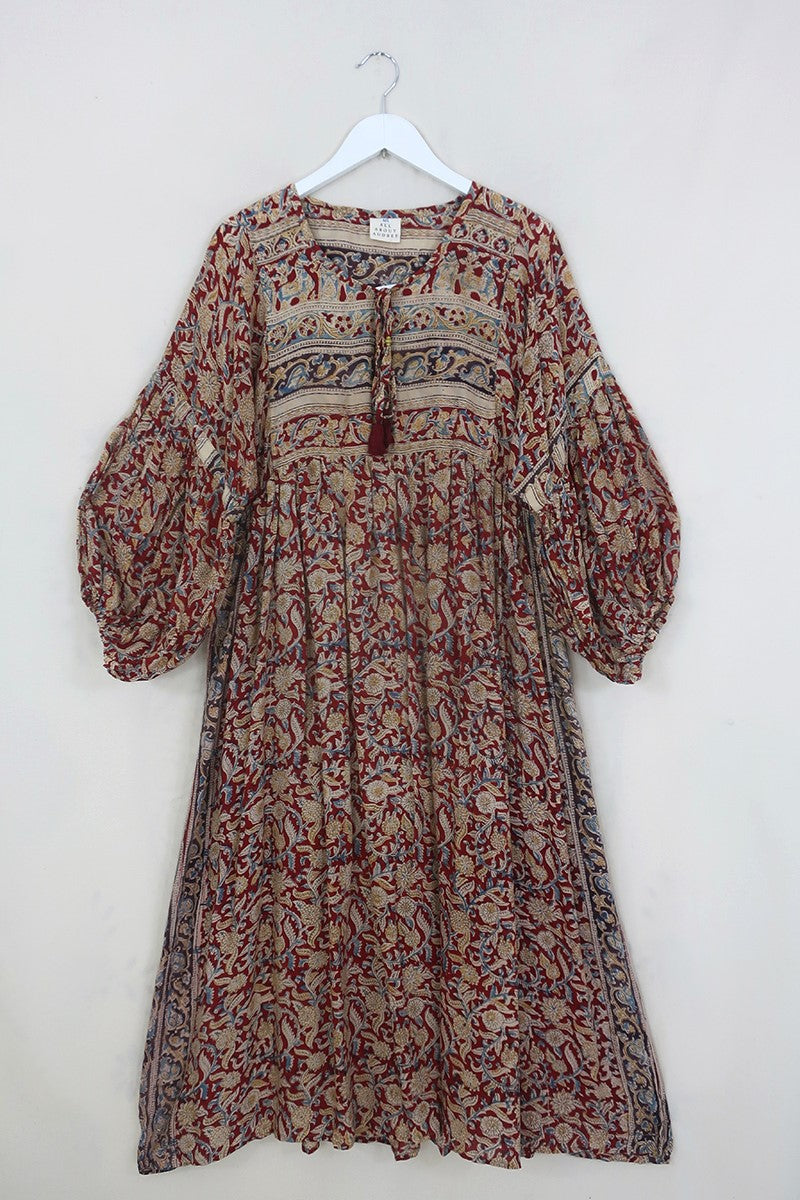 Daisy Maxi Smock Dress - Brick Red & Sandalwood Block Print - Vintage Indian Cotton - Size M/L