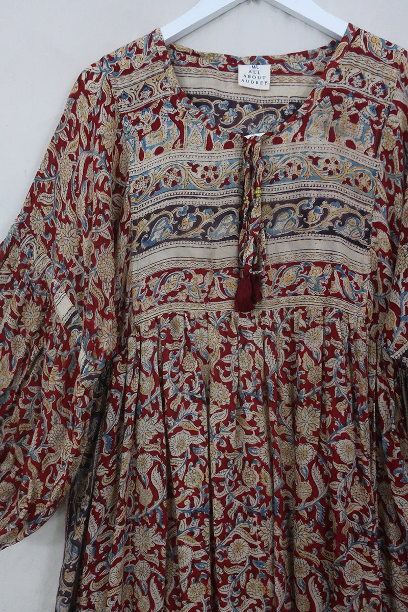 Daisy Maxi Smock Dress - Brick Red & Sandalwood Block Print - Vintage Indian Cotton - Size M/L