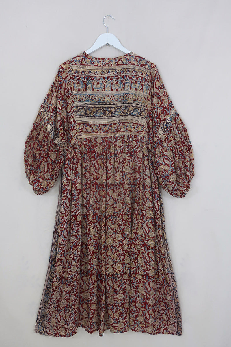 Daisy Maxi Smock Dress - Brick Red & Sandalwood Block Print - Vintage Indian Cotton - Size M/L