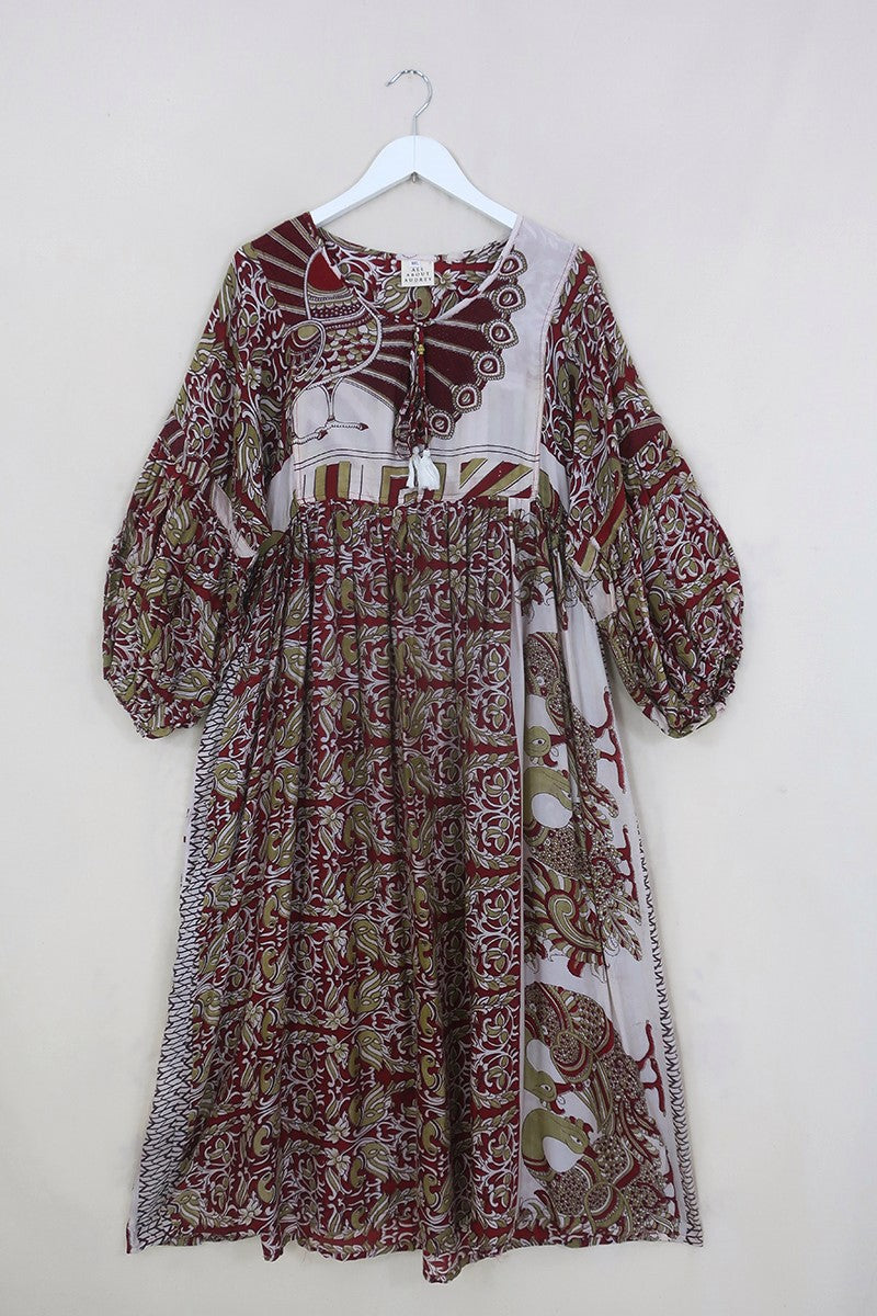 SALE Daisy Maxi Smock Dress - Cloud, Crimson & Moss Peacocks - Vintage Indian Cotton - Size M/L