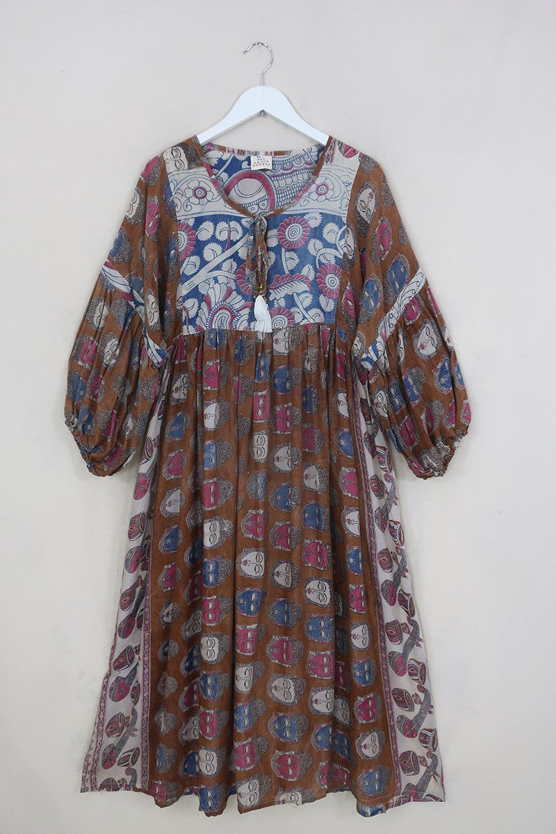 Daisy Maxi Smock Dress - Faded Bronze Divine Beings - Vintage Indian Cotton - Size M/L