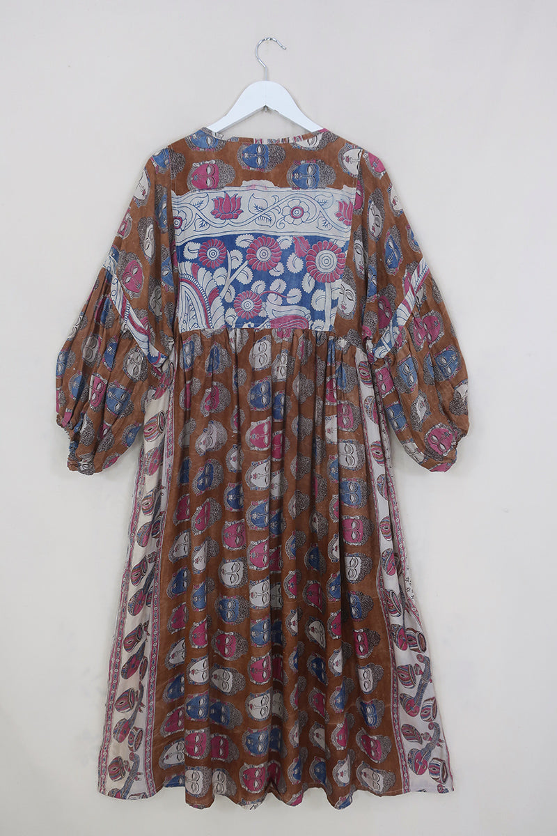 Daisy Maxi Smock Dress - Faded Bronze Divine Beings - Vintage Indian Cotton - Size M/L