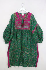 Daisy Midi Smock Dress - Vibrant Green & Hottest Pink Fleur - Vintage Indian Cotton - Size XXL