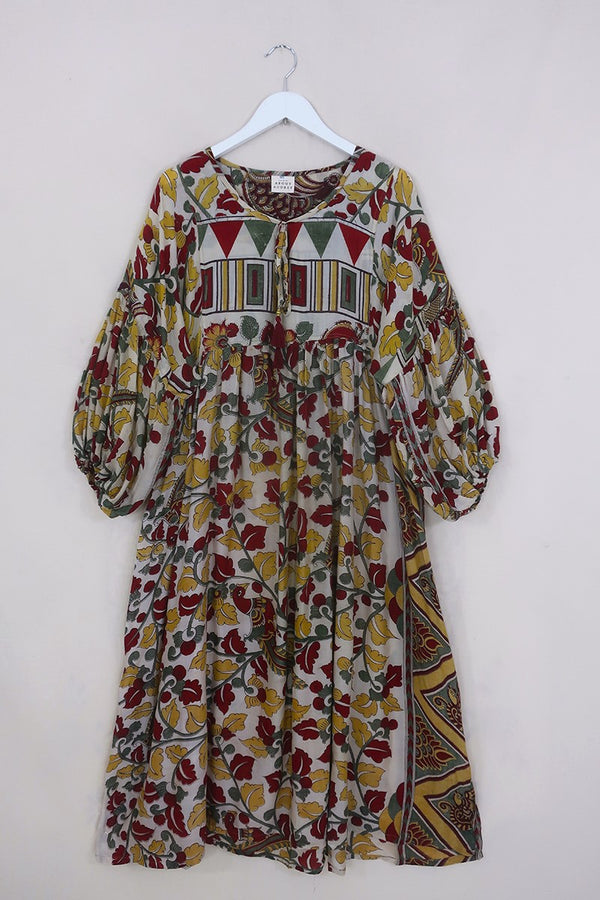 Daisy Maxi Smock Dress - Lily White & Lemon Yellow Birds - Vintage Indian Cotton - Size M/L