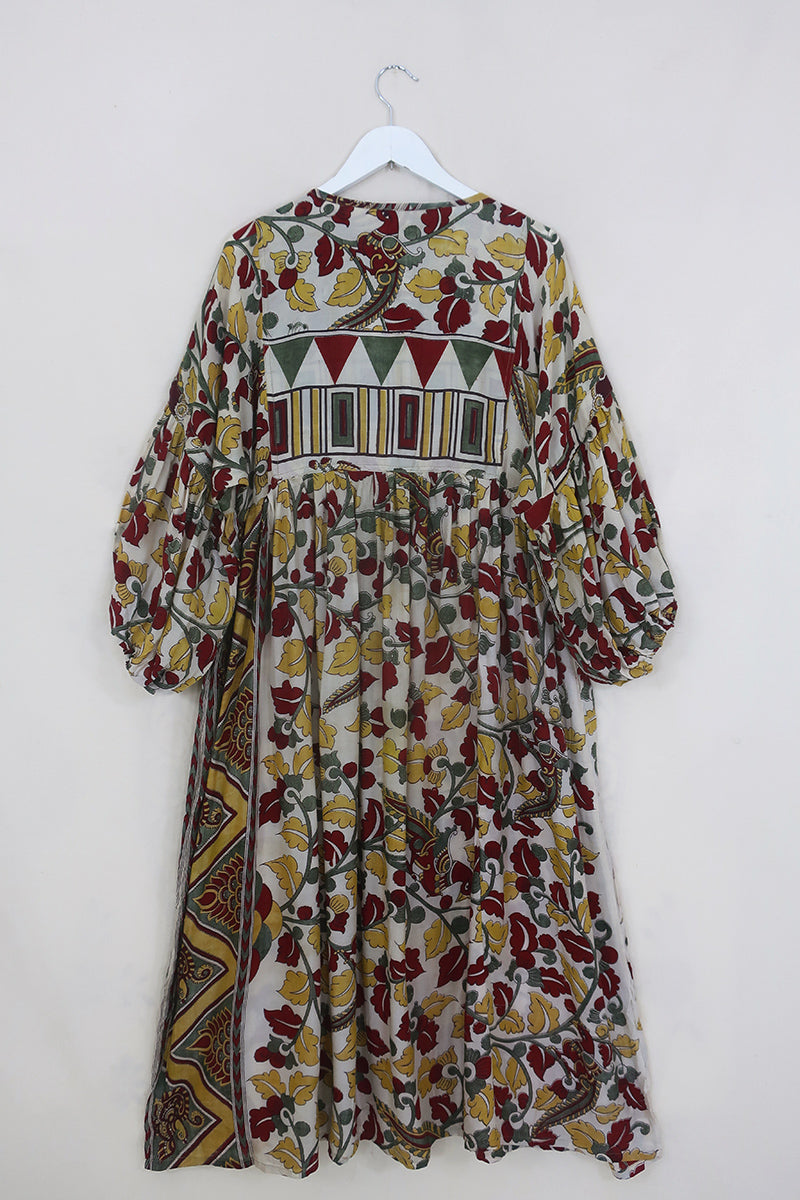 Daisy Maxi Smock Dress - Lily White & Lemon Yellow Birds - Vintage Indian Cotton - Size M/L