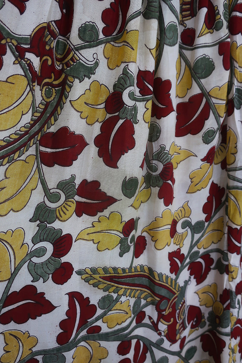 Daisy Maxi Smock Dress - Lily White & Lemon Yellow Birds - Vintage Indian Cotton - Size M/L