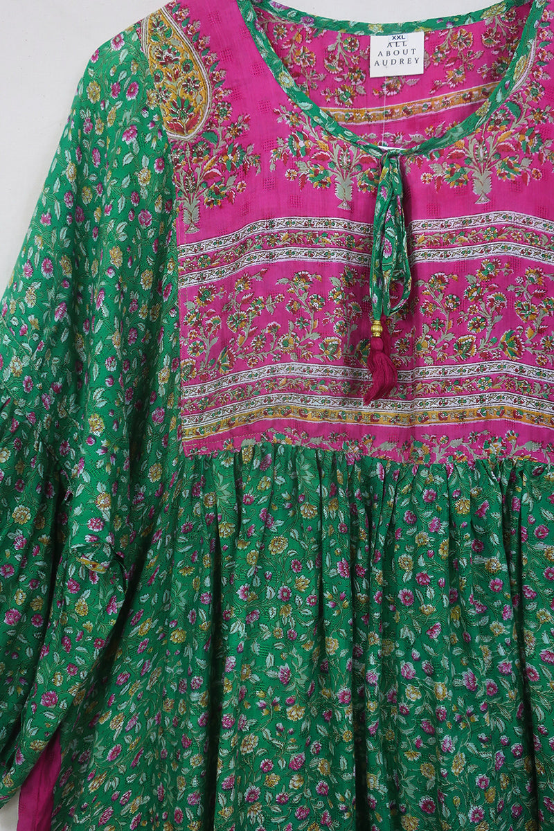 Daisy Midi Smock Dress - Vibrant Green & Hottest Pink Fleur - Vintage Indian Cotton - Size XXL by All About Audrey