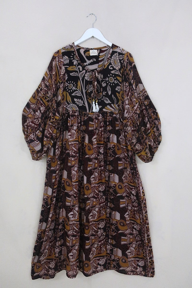 Daisy Maxi Smock Dress - Umber & Ochre Dancers - Vintage Indian Cotton - Size L/XL