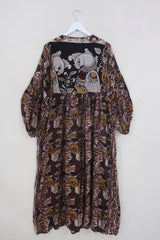 Daisy Maxi Smock Dress - Umber & Ochre Dancers - Vintage Indian Cotton - Size L/XL