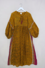 Daisy Maxi Smock Dress - Mustard Yellow Peacocks - Vintage Indian Cotton - Size S/M by All About Audrey