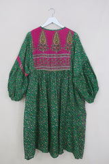 Daisy Midi Smock Dress - Vibrant Green & Hottest Pink Fleur - Vintage Indian Cotton - Size XXL by All About Audrey