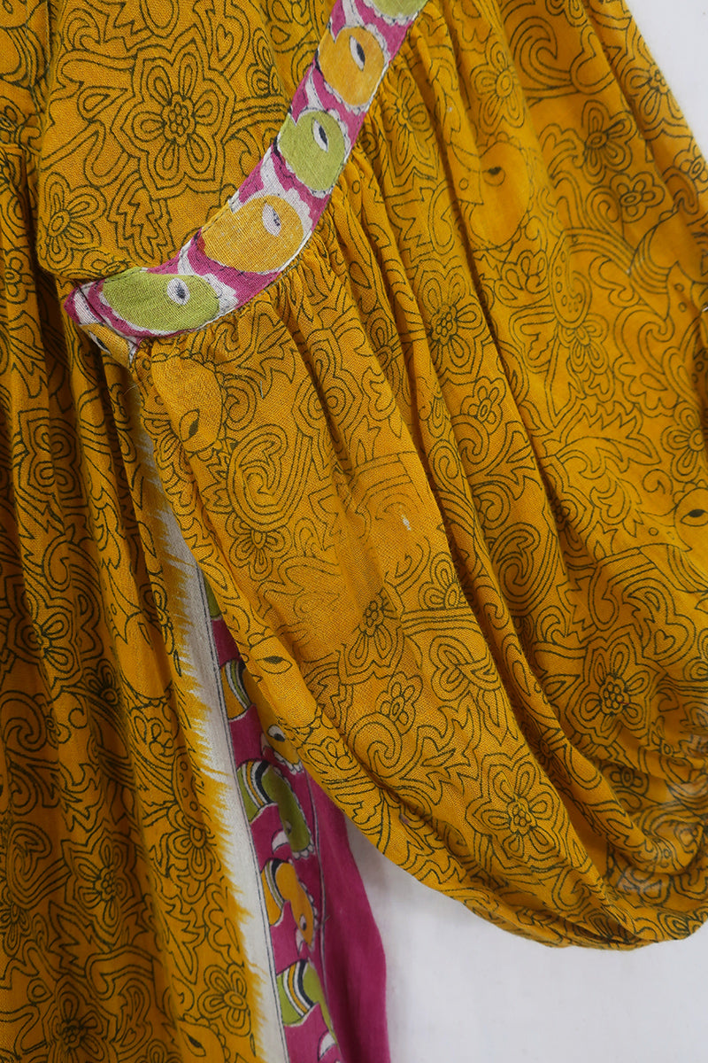 Daisy Maxi Smock Dress - Mustard Yellow Peacocks - Vintage Indian Cotton - Size S/M