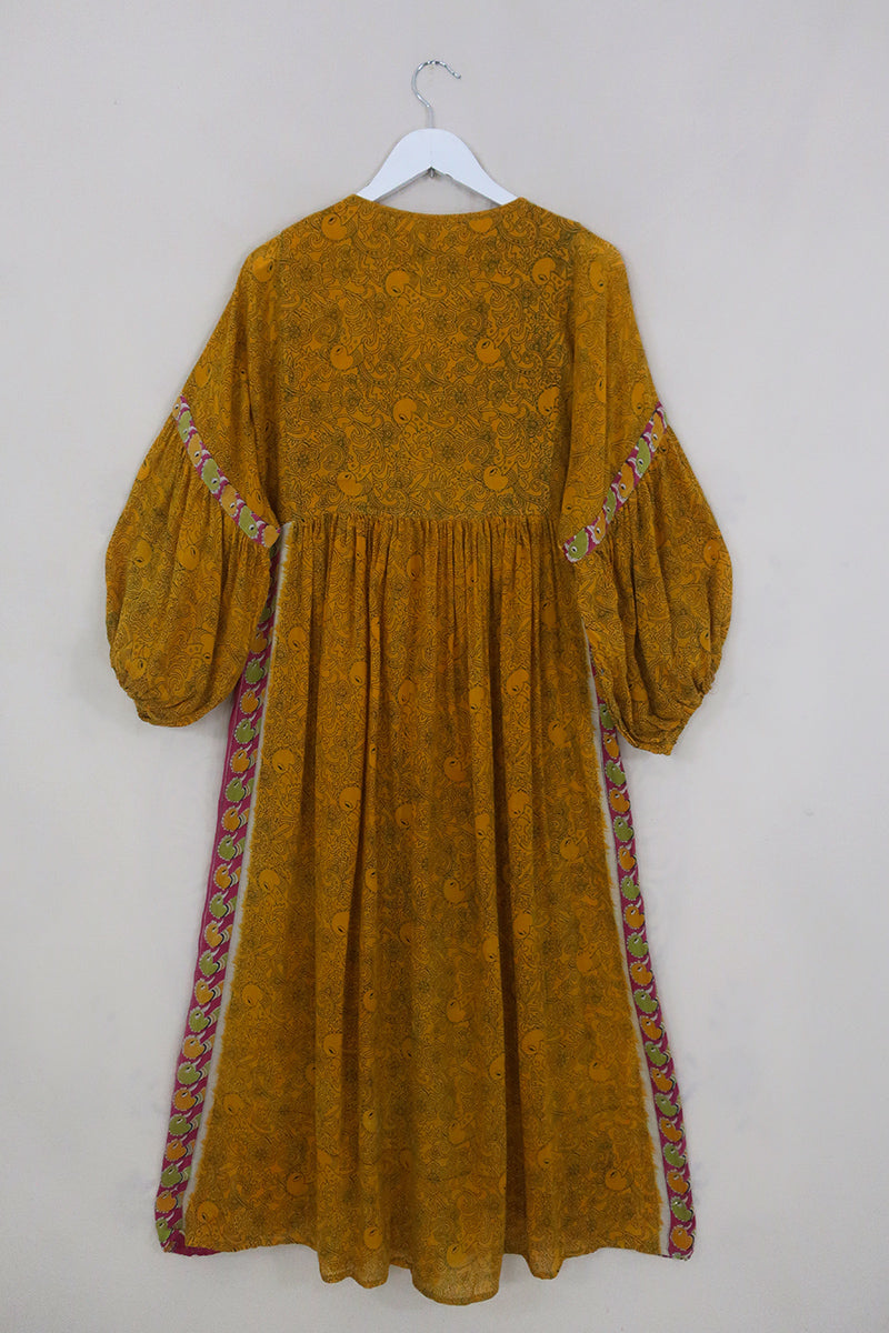 Daisy Maxi Smock Dress - Mustard Yellow Peacocks - Vintage Indian Cotton - Size S/M by All About Audrey