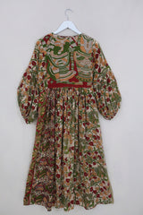 Daisy Maxi Smock Dress - Peach, Red & Palm Green Dancers - Vintage Indian Cotton - Size S/M