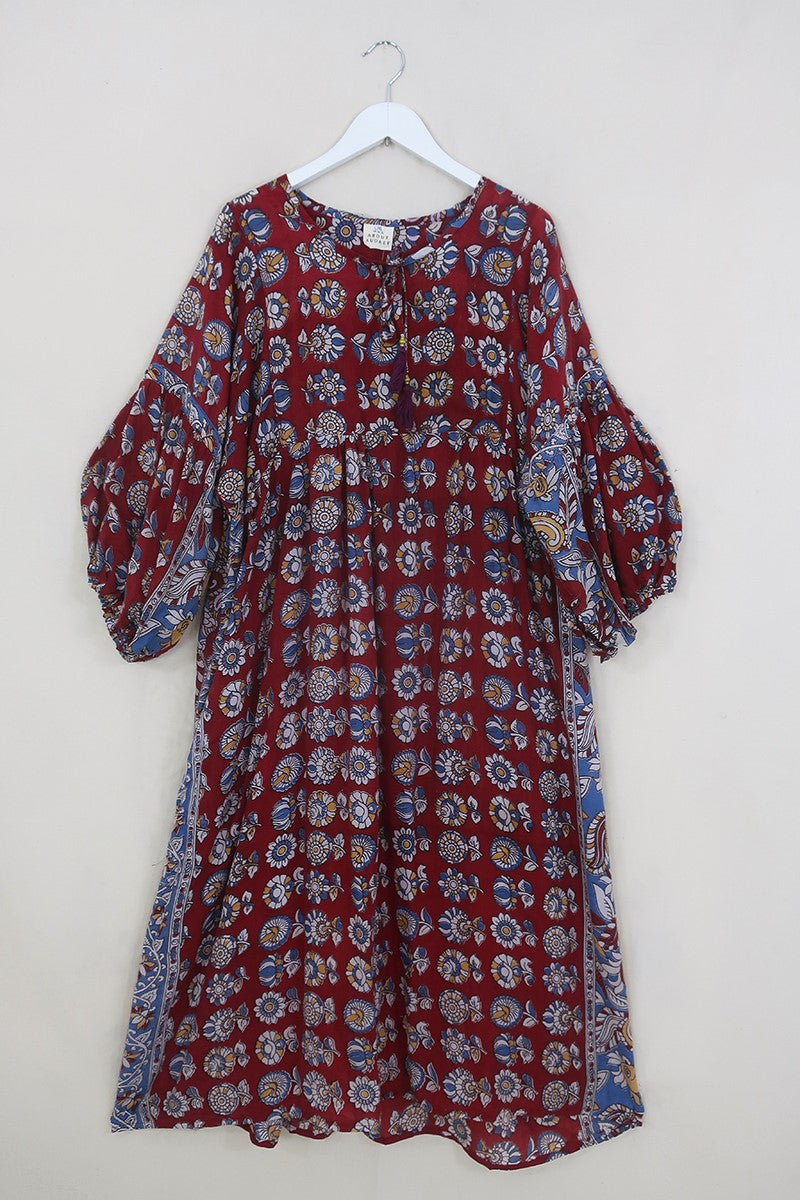 Daisy Maxi Smock Dress - Ruby & Indigo Flower Buds - Vintage Indian Cotton - Size L/XL