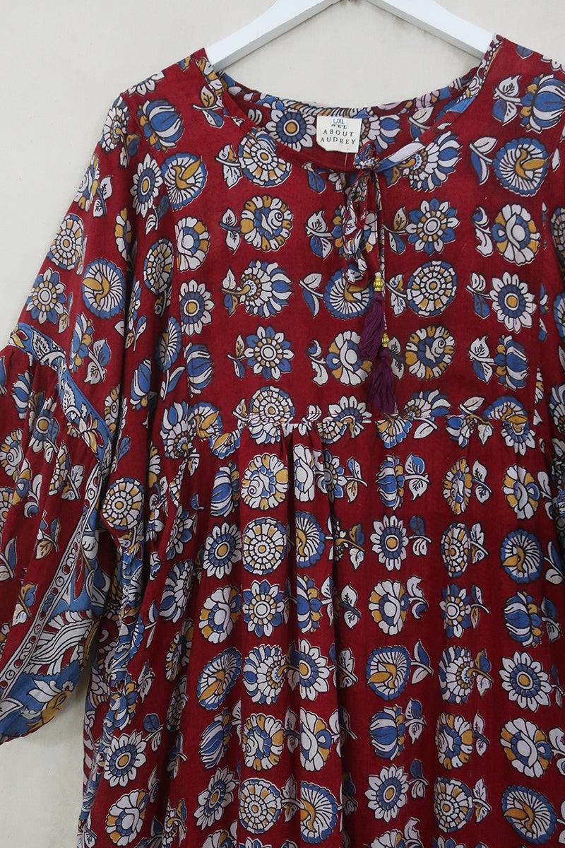 Daisy Maxi Smock Dress - Ruby & Indigo Flower Buds - Vintage Indian Cotton - Size L/XL