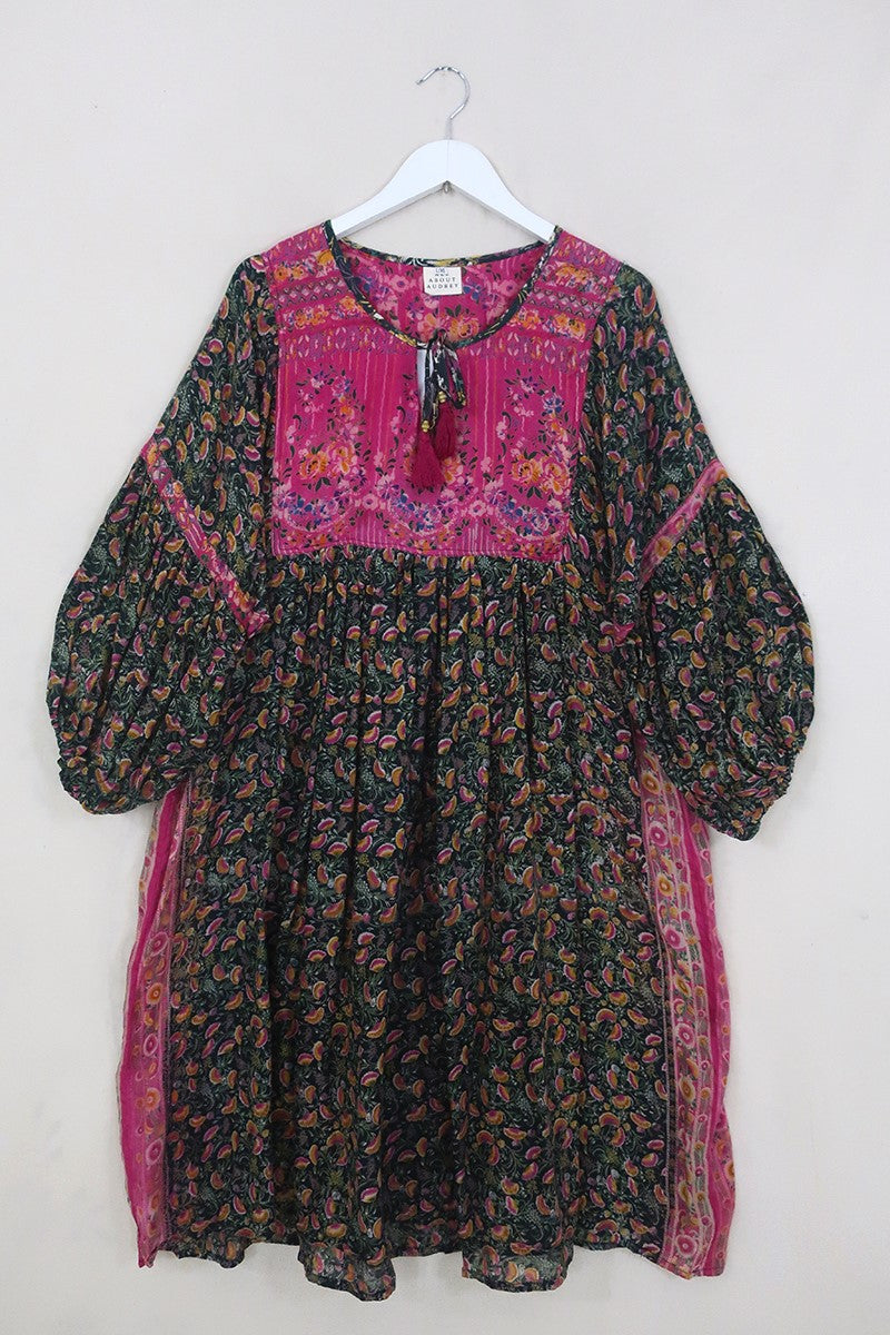 Daisy Midi Smock Dress - Kohl Black & Passionfruit Ginko - Vintage Indian Cotton - Size XXL