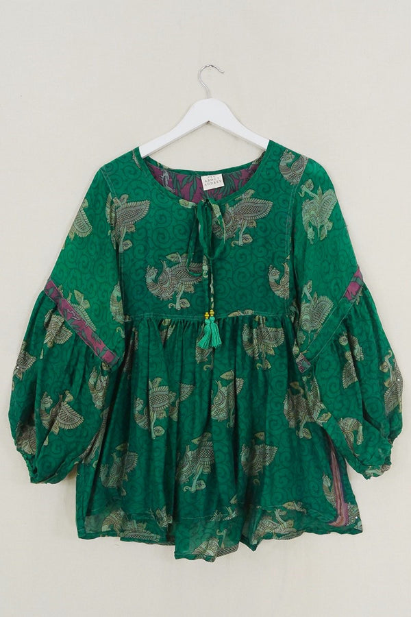 Daisy Smock Top - Regal Jade Peacocks - Vintage Cotton - Size M/L by All About Audrey