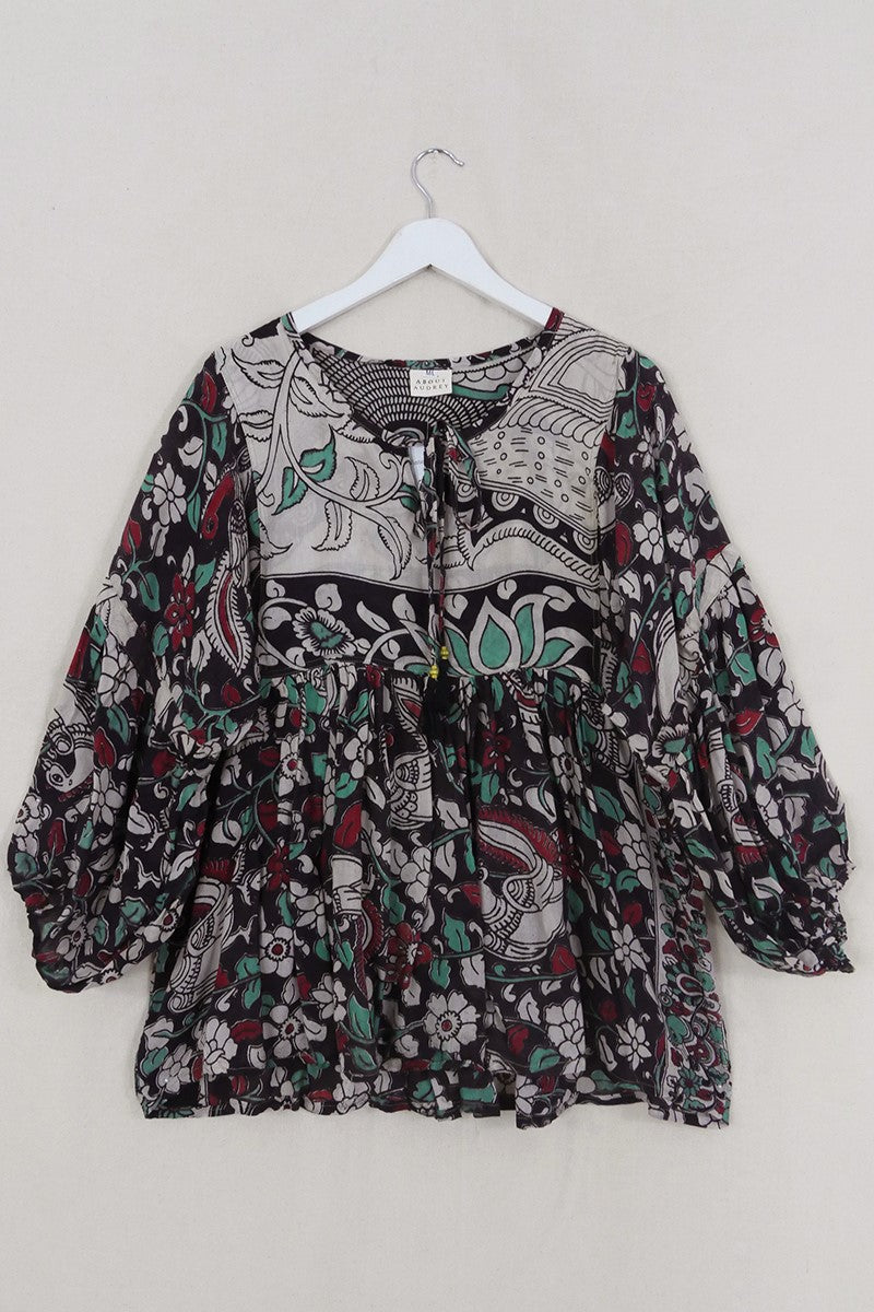 Daisy Smock Top - Umber & Aqua Floral Peacocks - Vintage Cotton - Size M/L