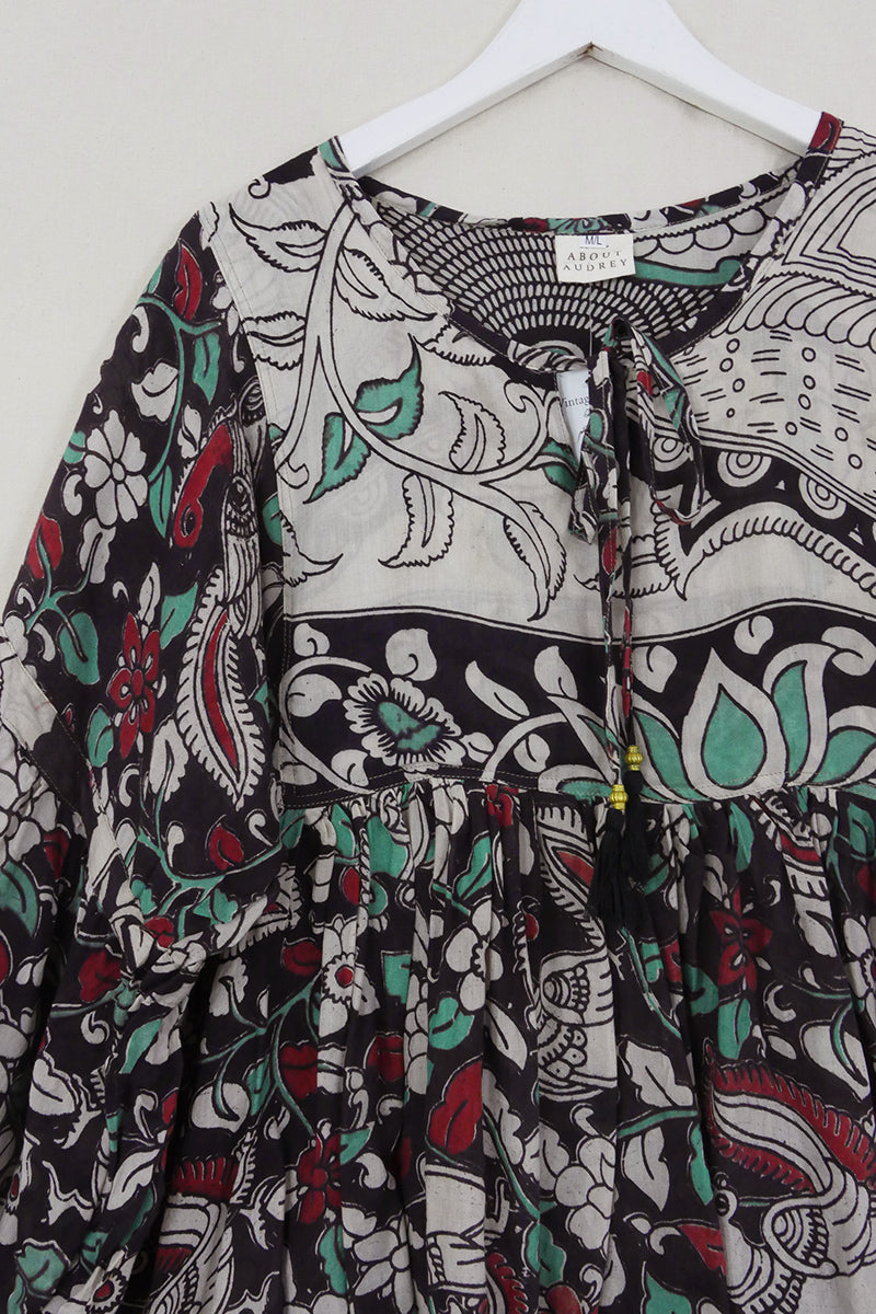 Daisy Smock Top - Umber & Aqua Floral Peacocks - Vintage Cotton - Size M/L