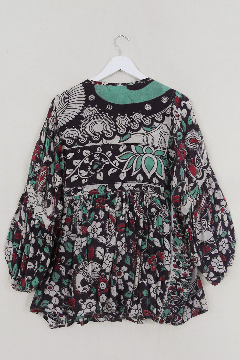 Daisy Smock Top - Umber & Aqua Floral Peacocks - Vintage Cotton - Size M/L