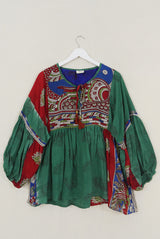 SALE Daisy Smock Top - Scarlet & Juniper Green Peacocks - Vintage Cotton - Size S/M