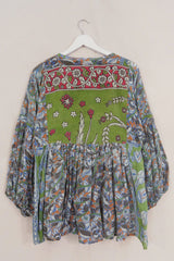 Daisy Smock Top - Sage & Pink Leaves - Vintage Cotton - Size XS