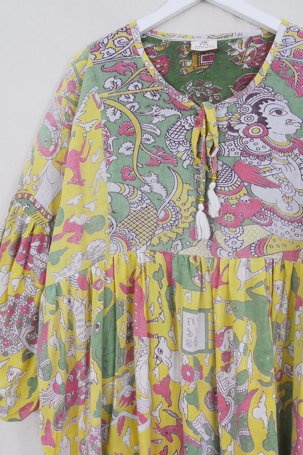 Daisy Smock Top - Yuzu Yellow Animal Folklore - Vintage Cotton - Size L/XL by All About Audrey