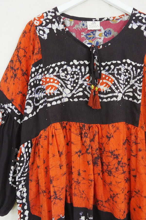 Daisy Smock Top - Pumpkin Orange & Coal Batik - Vintage Cotton - Size L/XL by All About Audrey