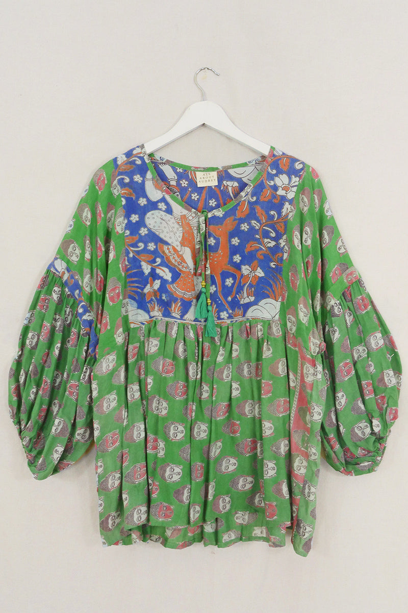 Daisy Smock Top - Paradise Green & Buddha Motifs - Vintage Cotton - Size M/L by All About Audrey