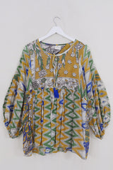 Daisy Smock Top - Mustard & Jungle Green Ikat - Vintage Cotton - Size M/L by All About Audrey