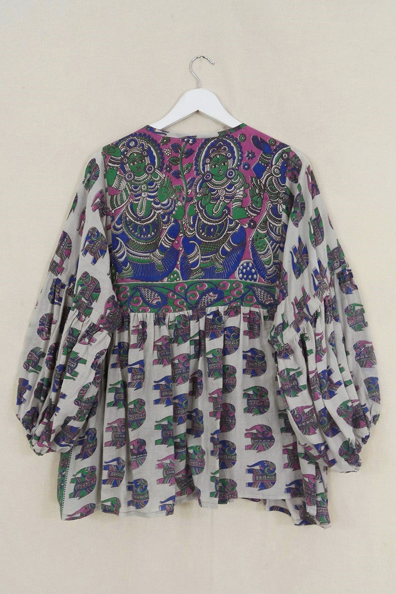 Daisy Smock Top - White with Jewel Tone Elephants - Vintage Cotton - Size S/M