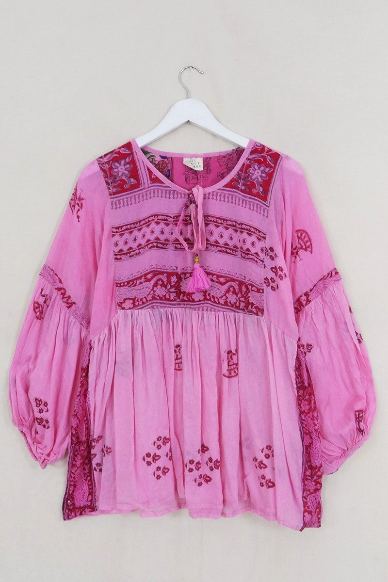 Daisy Smock Top - Blossom Pink & Rose Block Print - Vintage Cotton - Size S/M by All About Audrey