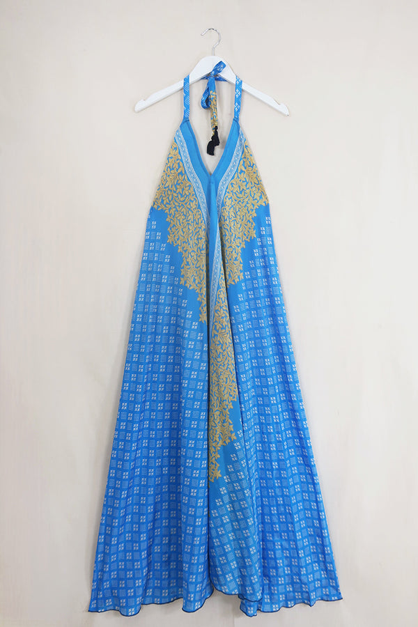 Athena Maxi Dress - Vintage Sari - Sky Blue & Gold - Free Size S/M by All About Audrey