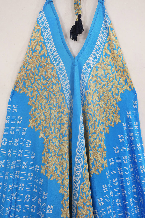 Athena Maxi Dress - Vintage Sari - Sky Blue & Gold - Free Size S/M by All About Audrey