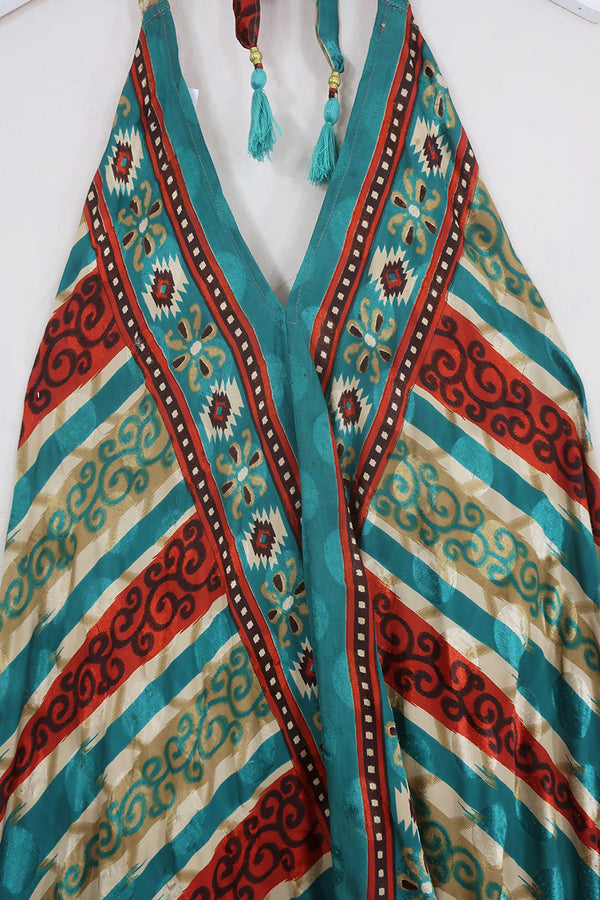 Athena Maxi Dress - Vintage Sari - Lake Green Kilim Stripe - Free Size L/XL