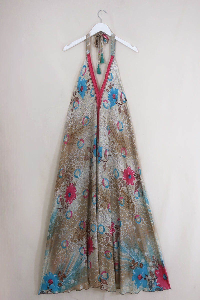 Athena Maxi Dress - Vintage Sari - Flowers on the Beach - Free Size L/XL