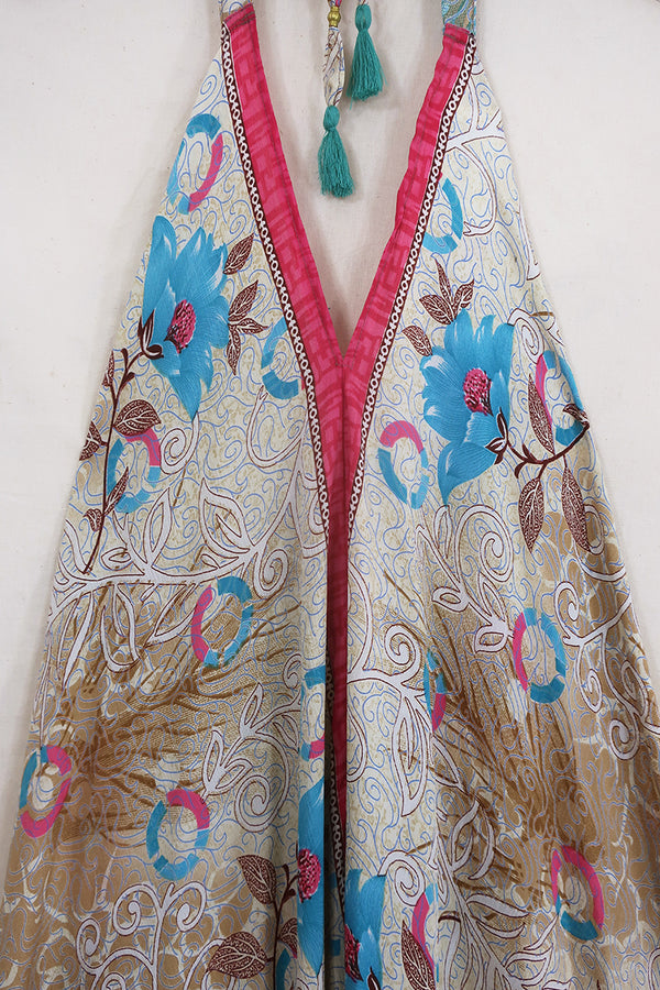 Athena Maxi Dress - Vintage Sari - Flowers on the Beach - Free Size L/XL