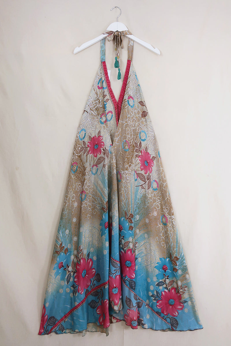 Athena Maxi Dress - Vintage Sari - Flowers on the Beach - Free Size L/XL